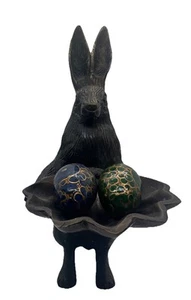 "Estatuilla de conejo de pie de 8"" bandeja concha 2 huevos pintados latón bronceado fundido" - Imagen 1 de 24