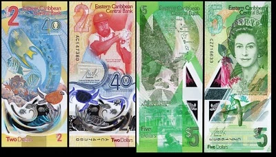 East Caribbean 2 Pcs Set 2 5 Dollars 2021 2023, UNC, P-55 61, POLYMER Comm. - Image 1 of 4