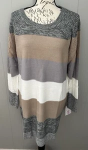 Lularoe Lauren Sweater Dress Size Medium M New Beautiful Gray Tan Striped Print - Picture 1 of 4