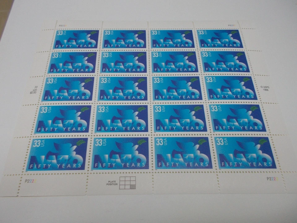 # 3354 1998/99  33 Cent US Postage Stamps Sheet of 20 FIFTY YEARS OF NATO MINT - Image 1 of 4