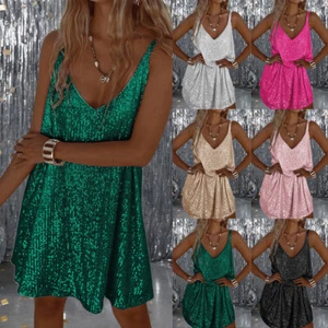 Womens Sexy V-Neck Sequin Sleeveless Mini Dress Party Cocktail Evening Gown AU - Picture 1 of 27