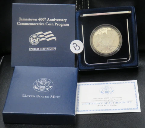 2007 Jamestown 400th Anniversary Proof Commemorative Silver Dollar Box & COA Cover
