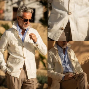 Linen Men Safari Jacket British Wedding Casual Beige Blazer Summer Tuxedos - Picture 1 of 11