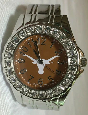 New Texas Longhorns Ladies Bangle Cuff Watch,Metal,Crystal,With Free Battery Cover