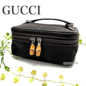 Gucci Bamboo Vanity Pouch Brown Nylon Leather Cosmetic Bag Auth - Picture 1 of 13