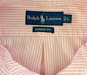 Ralph Lauren Classic Fit Pink White Striped Button Down Short Sleeve Oxford L - Picture 1 of 3