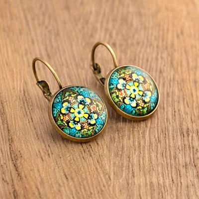 Vintage Ethnic Floral Print Round Dangle Earrings Copper Jewelry Exquisite Gift - Image 1 of 3
