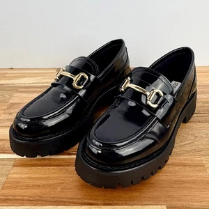Steve Madden Black Patent Chunky Platform Loafers Gold Horsebit Women Size 5.5 - Picture 1 of 9