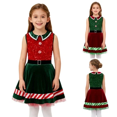 Дети девочек Рождество эльф блестки костюм выключить воротник без рукавов балетной платье - Изображение 1 из 3