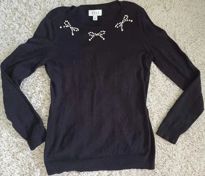 Suéter de punto negro ELLE para mujer pequeño con lazo de perlas adornado cuello redondo pulóver Foto 1 de 4