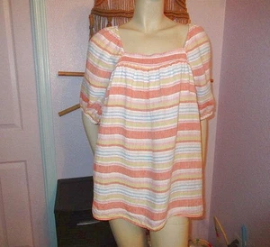 Talbots Square Neck Linen Top Size 1X Puff Sleeves Smocked Striped Lightweight - Picture 1 of 12