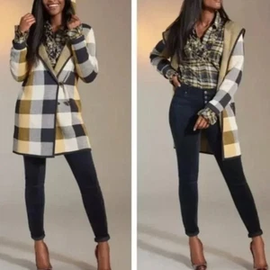 CABI 4229 Pullovermantel mit Kapuze marine gelb weiß kariert Größe Small - Bild 1 von 7