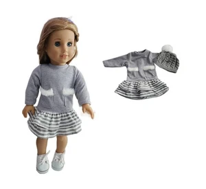 Doll Clothes 18" Dress Grey White Stripe Hat Grey Fits American Girl Dolls - Picture 1 of 8