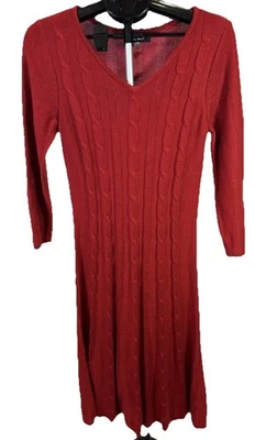 Nine West Red Cable Knit 3/4 Sleeve Holiday Sweater Dress Fit N Flare Size L - image 1 of 4