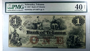 1857 Bank of Tekama, Nebraska $1 Bank Note - PMG 40 - Tear, Ink Stamp - Picture 1 of 4