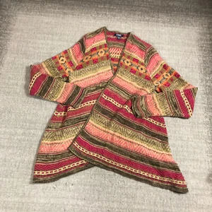 Chaps Sweater Womens 1X Plus Open Front Cardigan Fair Isle Pink Brown Casual - Picture 1 of 11