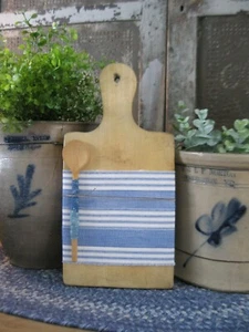 Antique Wood Bread Cutting Board Original Surface Old Blue Ticking Sleeve +Spoon - Picture 1 of 8