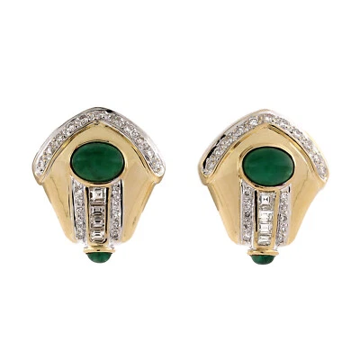 Emerald Cabochon Gem Diamond Earrings 18K Two-Tone Gold 5.29 TW Omega Backs - Image 1 of 3