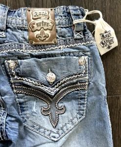 Mens Rock Revival "TYSON" Relaxed Straight Leather Inserts Faux Flap Jeans 30x32 - Picture 1 of 13