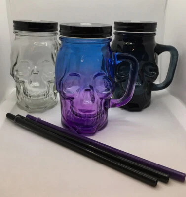 Skull Jar Lid & Straw Drinking Glass Mason Halloween Party Drink Purple Black