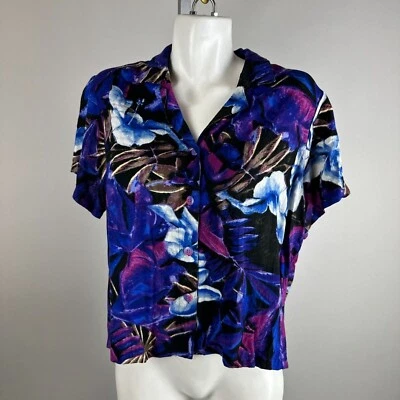 Vtg 90s Jams World Top Womens Crop Blouse Rayon Bluhari Print Blue Size Large - Image 1 of 4