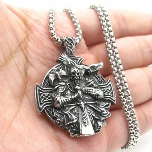 MOYON Mens Stainless Steel Viking Norse Axe Odin Raven Cross Pendant Necklace - Picture 1 of 4
