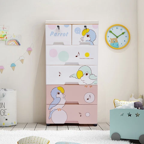 Rolling 5 Layers Parrot Plastic Dresser Clothes Storage Cabinet with 6 Drawers Cover