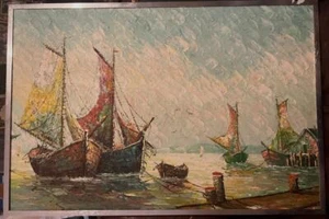 Nautical Coastal Landscape Impressionist Oil Painting Ships Boats Seascape Docks - Picture 1 of 23