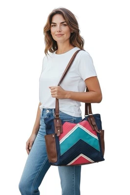 Bolso de Mano Relic by Fossil Chevron Azul Marrón Teal Coral Imitación Cuero Foto 1 de 4