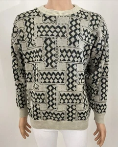 Vintage Men’s L-XL Khaki Green Navy Blue Beige Argyle Check Acrylic Jumper - Picture 1 of 10