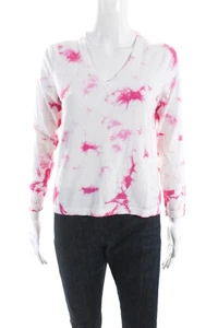 Minnie Rose Womens Long Sleeve V Neck Tie Dyed Sweater White Pink Size Large - Picture 1 of 6