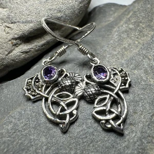 Marcasite Thistle Earrings Scotland Scottish Celtic Amethyst Drop Earrings 925 - Picture 1 of 11