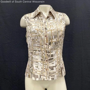 Wmns ST. JOHN Silk Tan Abstract Print Button Up Sleeveless Shirt Tank Top Sz 6 - Picture 1 of 5