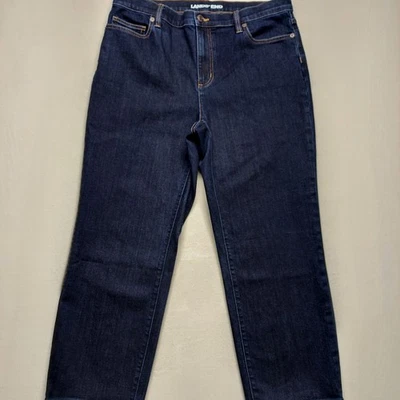 Pantalones de mezclilla Lands End pierna recta lavado oscuro para mujer talla 14 petite elásticos cómodos  Foto 1 de 4