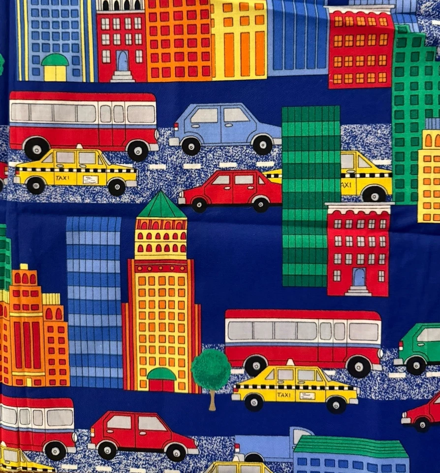 Fabric Traditions Vintage 2000 Fabric City Buildings Cars Kids Colorful 60 x 44” - Image 1 of 3