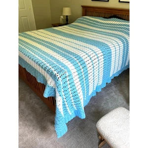 Vintage Granny Crochet Handmae Blanket Blue/White108" X 84"( Approx. King Size) - Picture 1 of 5