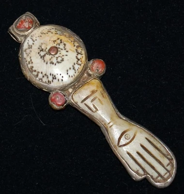 ANTIQUE Tibetan Buddhist Amulet Hamsa Hand of Fatima Silver RARE FIND! - Image 1 of 4
