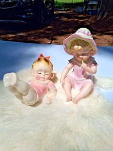 2 Piano Baby Figurine, Sleepy Girl , 7ins & Pink & Green Bonnet 8ins - Picture 1 of 9