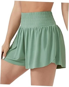 Women's High Waisted Flowy Running Shorts 2 in 1 Athletic Large Light Green - Picture 1 of 7