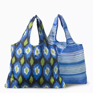 Foldable Poly Grocery Store Reusable Shopping Bag - Set of 2 BLUE IKAT & STRIPE - Picture 1 of 2