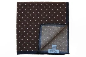 Battisti Cuadrado de Bolsillo Marrón con Polkadot Blanco y Ribete Azul Marino, Lana Pura - Imagen 1 de 2