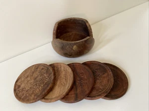 Vintage Brown Wooden Floral Set Of 5 Coasters With Brass Inlay Holder - Picture 1 of 13