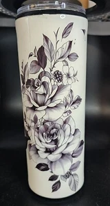 Handcrafted Tumbler White and Black Floral Inspirational 20oz Skinny - Picture 1 of 6