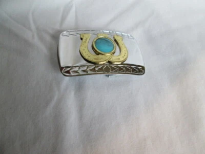 Cinturón Western Doble Dorado Herradura Hebilla Turquesa Piedra Plateado De Colección EE. UU. Foto 1 de 3