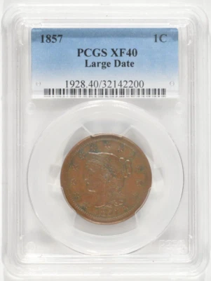 1857 Braided Hair Large Cent 1c PCGS XF40 EF40 Lg Date 32142200 - Image 1 of 4