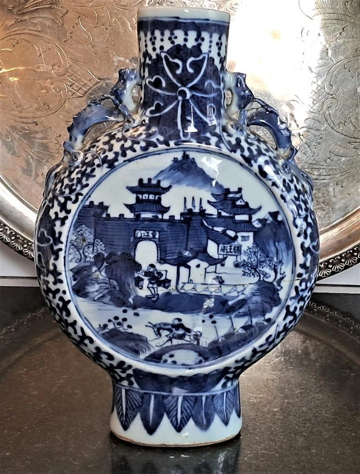 Impressive 19th C Chinese Blue & White Hand Painted Landscape Moon Flask C 1800+ - Image 1 of 4