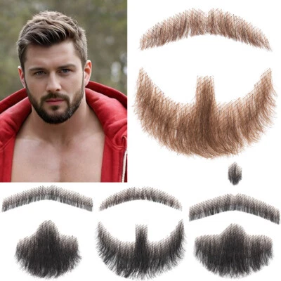 Men Fake Beard Realistic Mustache Full Hand Tied Facial Lace Beards Human Hair - Image 1 of 4