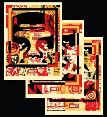 SHEPARD FAIREY ♦ 3 FACE COLLAGE ♦  LITHOGRAPHIE SIGNIERT OBEY GIANT MINT - Bild 1 von 4