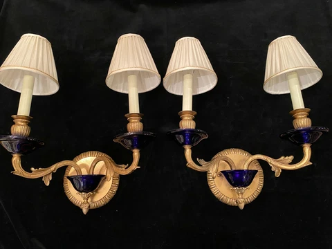 Pair of French Louis XV Style Gilt Bronze Wall Sconces with Cobalt Blue Glass Cover