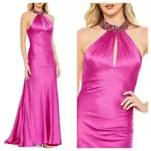 Mac Duggal Fuchsia Beaded Halter Neck Satin Mermaid Gown Size 8 $398 - Picture 1 of 2